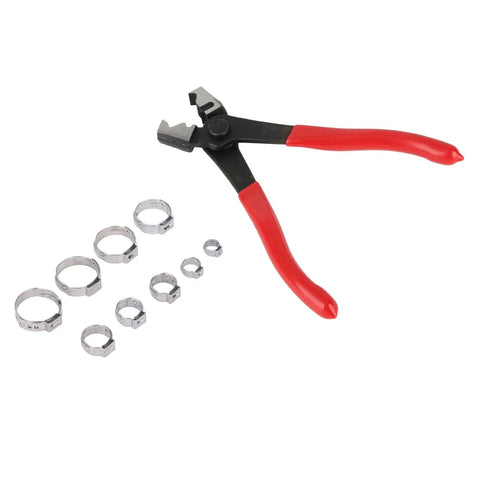 Ultimate 80-Piece Stainless Steel Hose Clip Assortment Kit With Heavy Duty Pliers For Auto And Marine Repair, Rust Proof Single Ear Pipe Clamps In Portable Storage Box For Any Jam. red-handled pliers with assorted stainless steel hose clamps, 5.8mm to 23.5mm