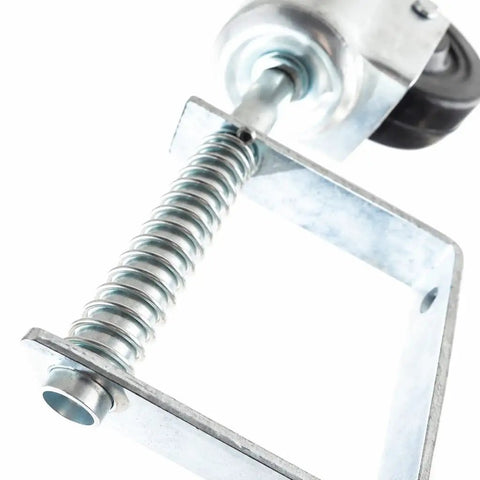 Heavy Duty 4 Inch Spring Loaded Gate Caster Wheel Automatic Height Adjustment spring and metal bracket close-up.
