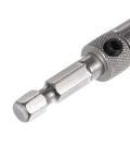 Uxcell hinge tapper core drill bit, close-up, 5 mm diameter, 1/4 in hex shank, silver tone