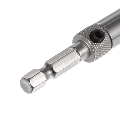 Uxcell hinge tapper core drill bit, close-up, 5 mm diameter, 1/4 in hex shank, silver tone