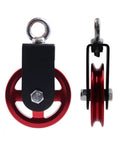 DIY Home Gym Pulley System Block With Roller Wheel Heavy Duty Aluminum Pulley 840 Pound Capacity 360 Degree Rotation Swivel Lifting Pulley For Ceiling Wall Or Timber Mounting Red front and side view