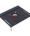 Pro Grade Router Lift Kit For Table Insert Bases With Dead Steady Height Adjustment, black anodized base with red accents.