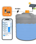 Smart WiFi Water Level Sensor For Tanks And Oil Tanks Remote Alarm With Tuya Smart Life App Control IP65 Waterproof Ultrasonic Tank Gauge Supports Up To 10 Sensors For Easy Multi Tank Monitoring next to a water tank and smartphone app display.