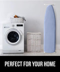 Laundry room with heavy duty ironing board cover, extra thick padding, silicone reflective surface, heat and scorch resistant, blue