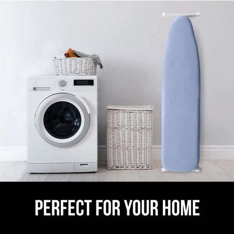 Laundry room with heavy duty ironing board cover, extra thick padding, silicone reflective surface, heat and scorch resistant, blue