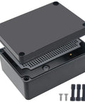 Badass Abs Black Junction Box Featuring Hella Waterproof IP67 Rating And Rock Solid Mounting Plate For Outdoor Arduino Builds And Electronics Housing Spanning 6 9 X 4 9 X 3 Inches Overall; open view with screws.