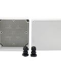 Beefy IP67 Sealed ABS Electrical Enclosure Box 6.89 Inches with two NPT cable glands and perforated back for wiring.