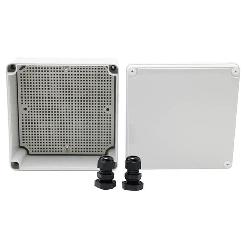 Beefy IP67 Sealed ABS Electrical Enclosure Box 6.89 Inches with two NPT cable glands and perforated back for wiring.