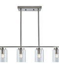 Four Light Brushed Nickel Island Pendant Lights With Clear Glass Shades For Kitchen Island, Ceiling Hanging Chandelier Over Table