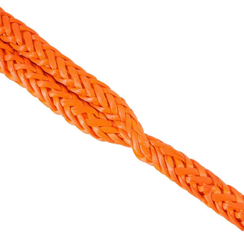 Close-up of woven design on Go-To Lightweight Soft Shackle Set 1/2 Inch By 24 Inch Recovery Shackles, bright orange UHMWPE fiber