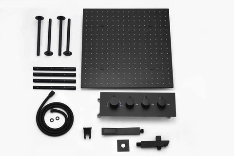 Top Shelf 16 Square Led Shower System With Brushed Nickel Thermostatic Controls For Rainfall Mist And Handheld Sprayers Heavy Duty Stainless Steel Frame With Temp Sensing Color Lights parts layout with controls, pipes, and panel