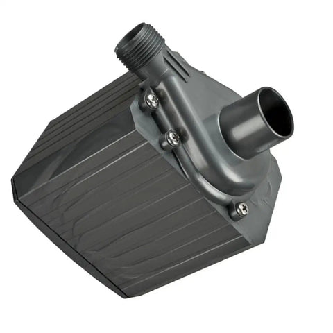 Side angle of a black 1200 GPH Magnetic Drive Utility Pump For Ponds Quiet Durable Black Outdoor Water Pump with threaded nozzle.