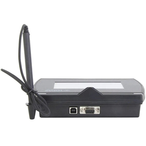 Top Shelf Renewed 4X3 LCD Signature Capture Pad featuring a crisp backlit screen, side view with connected pen and ports.