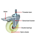 Beefy Heavy Duty Caster Wheels With Brakes, 360 Degree Swivel Top Plate Casters showing nylon wheel, galvanized bracket, threaded stem.