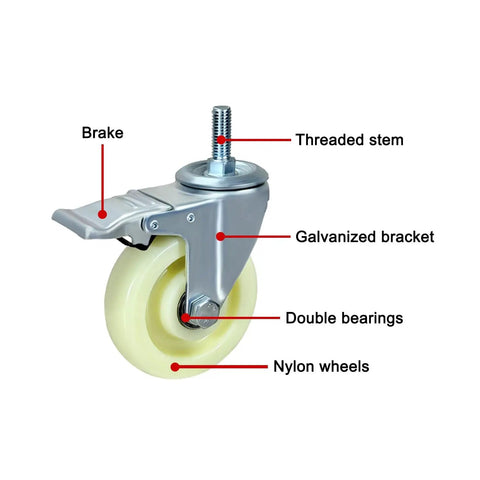 Beefy Heavy Duty Caster Wheels With Brakes, 360 Degree Swivel Top Plate Casters showing nylon wheel, galvanized bracket, threaded stem.