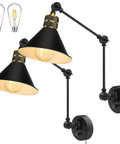 Plug In Wall Sconces Set Of 2 With Dimmable Rotary Switch Two Swing Arm Industrial Wall Lights On A 6 Foot Cord For Nightstands Desks