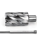 Annular cutter and drill bit set, front view; 1-1/2 in diameter with 2 in depth; 3/4 in Weldon shank.