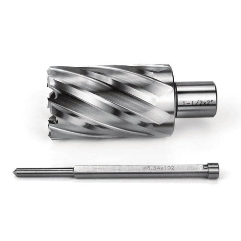 Annular cutter and drill bit set, front view; 1-1/2 in diameter with 2 in depth; 3/4 in Weldon shank.