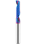 Close-up of blue-coated solid carbide single-flute upcut end mill with 1/4 in shank