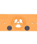 Front view of 35mm hinge hole jig base in orange plastic with central circular drilling guide and two black dials
