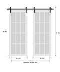 Diagram of Beefy Double Barn Door With Clear Glass Panels And Solid Interior Slab, Industrial Stainless Steel Rail Kit With 13 Foot Sliding Hardware, Includes Hangers, Floor Guide, Door Stop, Anti Jump Pins, 60 By 96 Inches, Two 30 By 96 Doors, Silver Rail.