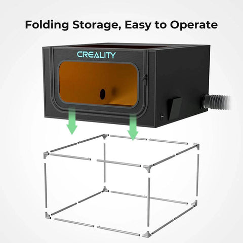 Front view of Creality Laser Engraver Cover V2.0 protective enclosure with orange window, exhaust pipe, and metal frame