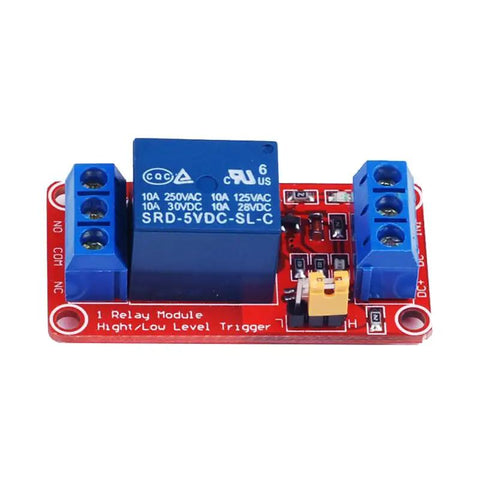 Close-up of One Channel 5V Relay Module for Arduino Raspberry Pi PLC, showing high/low level trigger and opto-isolation features.