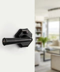 Close-up of oil rubbed bronze privacy door lever on interior door for bedroom, bathroom, closet, hallway with keyless inside thumb turn and emergency hex key access vintage style levers for easy locking and privacy.