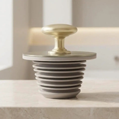 GLSTOY Bathtub Drain Stopper Rubber Plug with Handle Stepped Seal, gray rubber plug with a gold handle, multi-use for sinks and bathtubs.