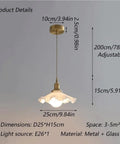 Fluted Glass Pendant Light Mini Brass Hanging Lamp Vintage Petal Edge Shade E27 Base Adjustable Cable dimensions and adjustable details
