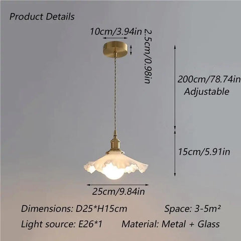 Fluted Glass Pendant Light Mini Brass Hanging Lamp Vintage Petal Edge Shade E27 Base Adjustable Cable dimensions and adjustable details