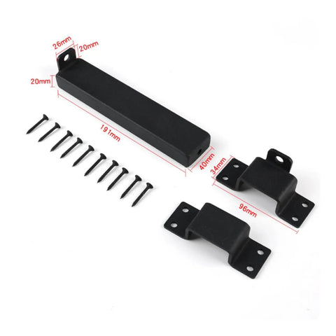 Heavy Duty Sliding Bar Gate Latch With Padlock Hole In Matte Black Metal For Outdoor Garden Sheds And Fences Built Tough With Straight Up Secure Locking Action That Is The Real Deal with screws and mounting plates displayed.