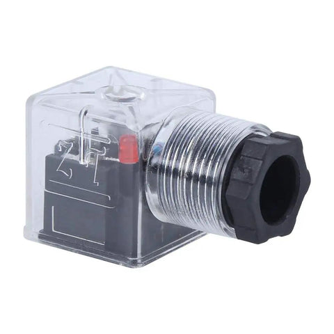 Close-up of a Five Pack Transparent Hydraulic Solenoid Coil Plug with Light Indicator DC24V, showing metal socket and clear housing.