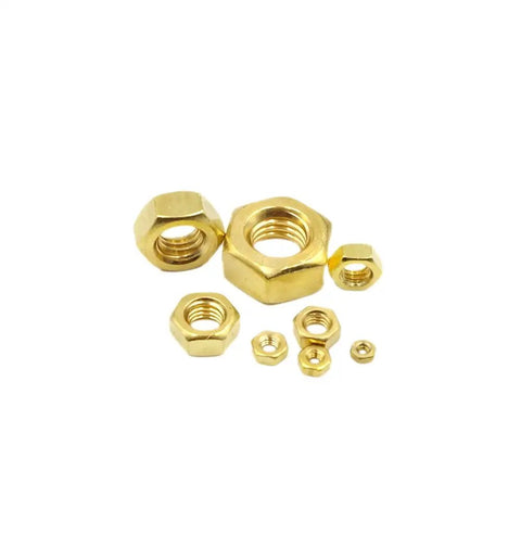 195 Piece Brass Hex Nut Set M2 To M10 Coarse Thread DIN 934 Assortment Kit for electronics and DIY projects displayed on white background