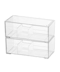 Front view of Two Tier Drawer Organizer For Medicine Cabinet Stackable Clear Storage Drawers made of PET plastic with partitions