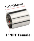 Bang For Your Buck 304 Stainless Steel Cast Pipe Coupling Fitting 1 Inch National Pipe Thread Female To Female Adapter With Glossy Polish Tough As Nails Plumbing Connector For Home Gas And Water Lines 2 Pack, showing 1" NPT female ends.