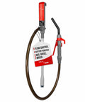 Front view of Portable Battery Powered Gas Transfer Pump for Gas Diesel and DEF with Quick Stop Nozzle, vinyl hose attached.