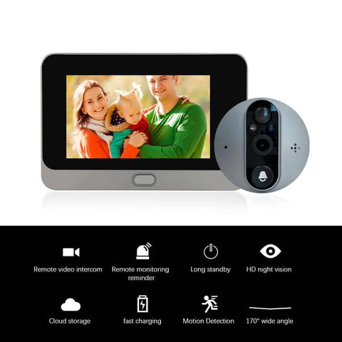 Peephole Doorbell Camera With 1080P HD Video, Dope Night Vision, and 4.3 Inch LCD Monitor displaying family photo