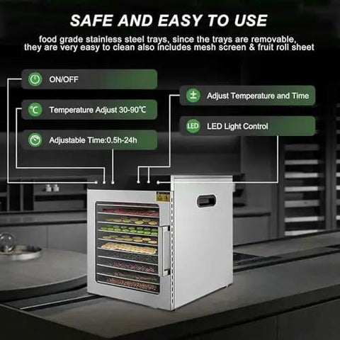 No Sweat 10 Tier Electric Food Dehydrator With Stainless Steel Shelves And Simple Digital Controls showing control panel and trays.
