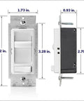 Front and side view of Quiet 3 Speed Ceiling Fan Wall Switch with Slider Control, 1.5 Amp, easy install dimensions shown.