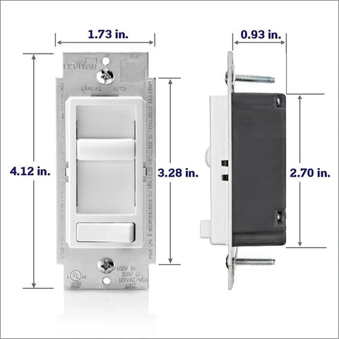 Front and side view of Quiet 3 Speed Ceiling Fan Wall Switch with Slider Control, 1.5 Amp, easy install dimensions shown.