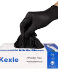 Kexle disposable nitrile gloves, black, large, box of 100, hand pulling glove