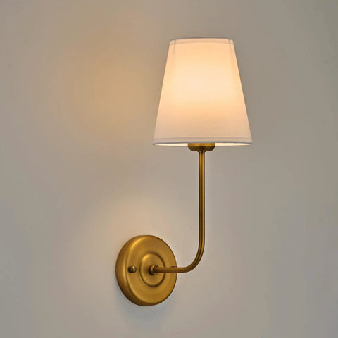 Hardwired Wall Sconces Set Of 2 Vintage Industrial Style Wall Lamps With Flared White Fabric Shades Antique Brass Finish