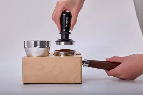 58.35Mm Espresso Tamper Pro Grade Barista Tool With Calibrated Spring Loaded Threaded Stainless Steel Base in use