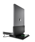 Dead Simple Vertical Thunderbolt 4 MacBook Docking Station Driving Two 4K Displays At 60Hz With Twelve Rock Solid Ports And Hella Fast 96 Watt Charging Plus Magsafe, showcasing a MacBook in vertical position.
