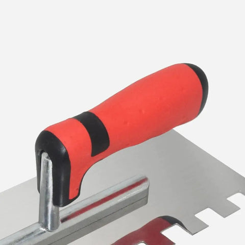 Close-up of handle on 5 Piece Square Notched Trowel Set With Pro Grade Stainless Steel Trowels And Margin Flooring Trowel For Masonry