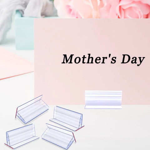 Six Pack Heavy Duty Self Adhesive Sneeze Guard Holders With Secure Locking Design For Quarter Inch Clear Acrylic Sheets displayed with a Mother's Day sign.