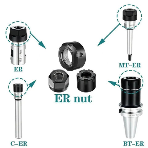 Stable Performance Chuck Collet Nut Engraving Machine ER8 ER11 ER16 ER20 with various collets and nuts shown.