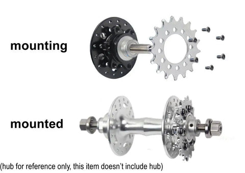 16T Fixed Gear Conversion Kit For Bicycles With Disc Brake Mount Bolts Six Screw Disc Hub shown mounted and unmounted