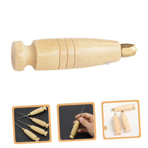 Heavy Duty Two Piece Leather Awl Handle Replacement Set For Handmade Crafts Featuring An Ergonomic Grip, wooden grip close-up.